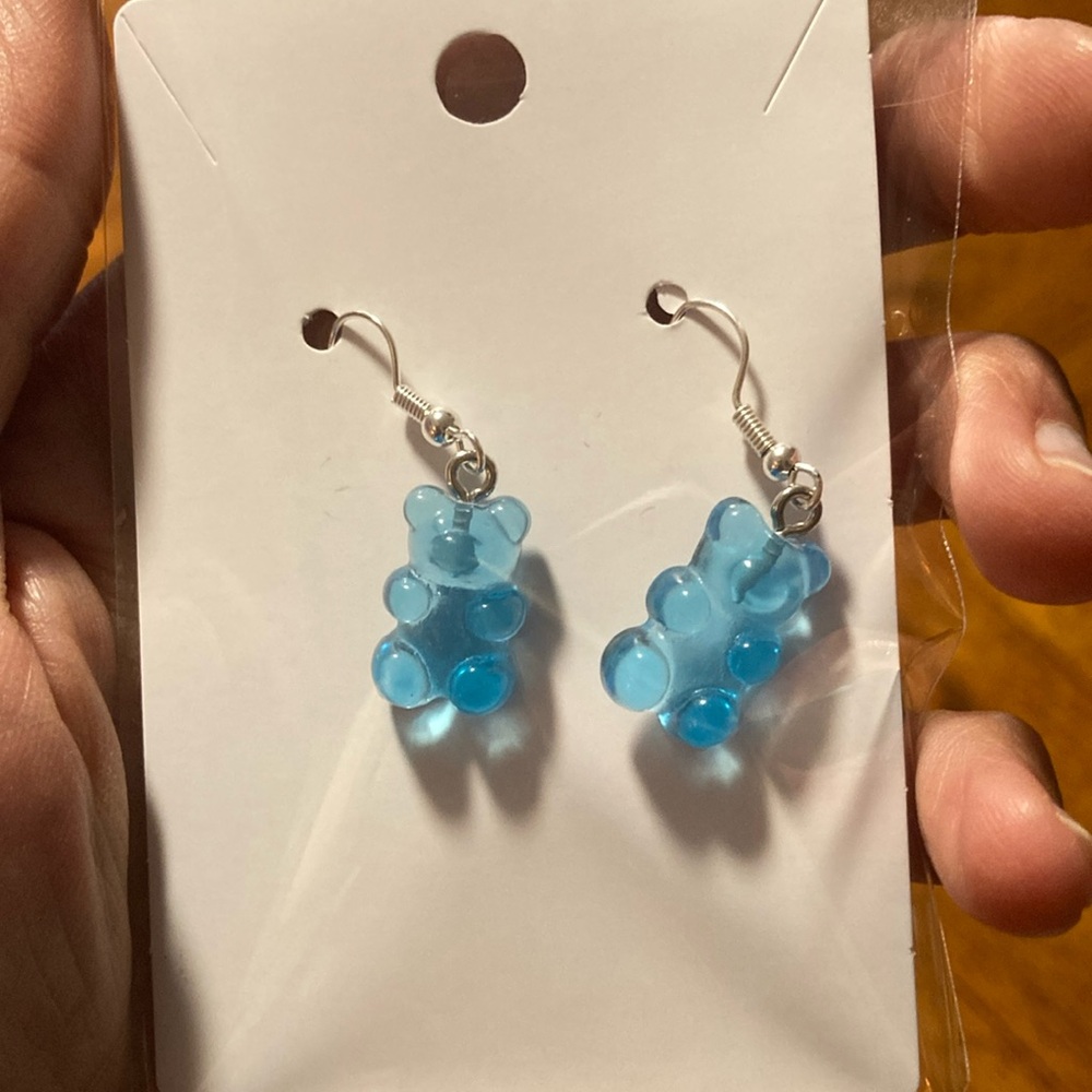 Blue Gummy Bear earrings.